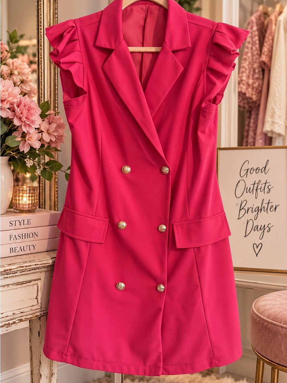 Women’s Hot Pink Double-Breasted Ruffle Sleeve Dress